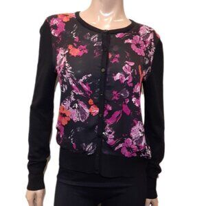 ANN TAYLOR Floral Button Down Cardigan Stretch Knit Sheer Chiffon Panel Sweater
